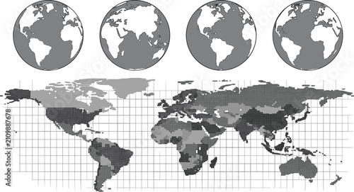 Bild auf Leinwand World map vector set with global continent globes grid lines planet earth geogra