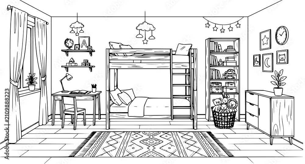 Fototapeta premium Black White Bunk Bed Kids Room Interior Sketch Vector Illustration
