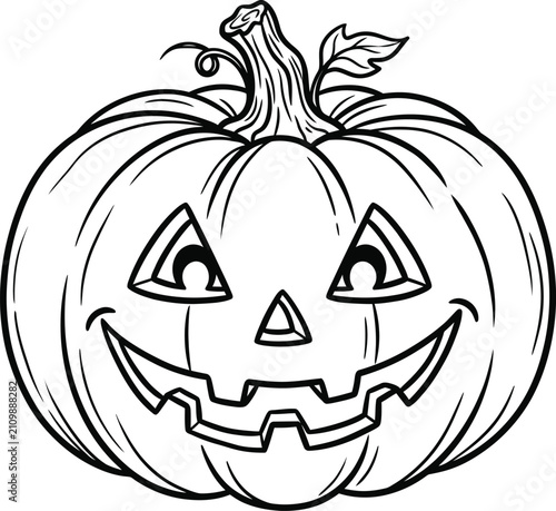 A detailed black and white line art illustration of a smiling halloween pumpkin jack o lantern perfect for children coloring book pages