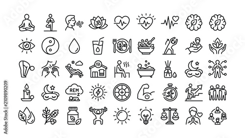 Fotografía Comprehensive collection of minimalist line icons representing various health we