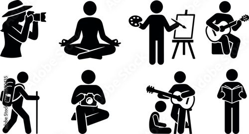 Leisure Hobbies and Creative Activities Stick Figure Icon Set Featuring Photography Yoga Meditation Painting Guitar Playing Hiking and Reading Vector Glyphs