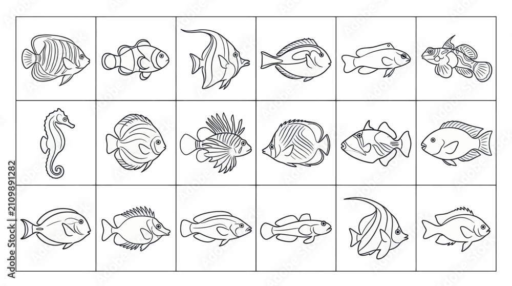 Obraz premium Collection of various tropical fish and seahorse line art illustrations in a grid layout for coloring book pages, set of simple outline drawings for kids and ocean life coloring activities