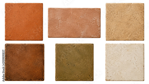 Six ceramic tiles in assorted earthy tones arranged in two rows on a transparent background