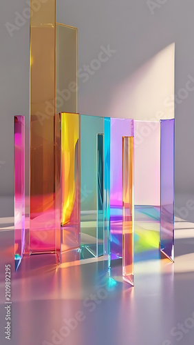 Iridescent glass prisms casting colorful light reflections