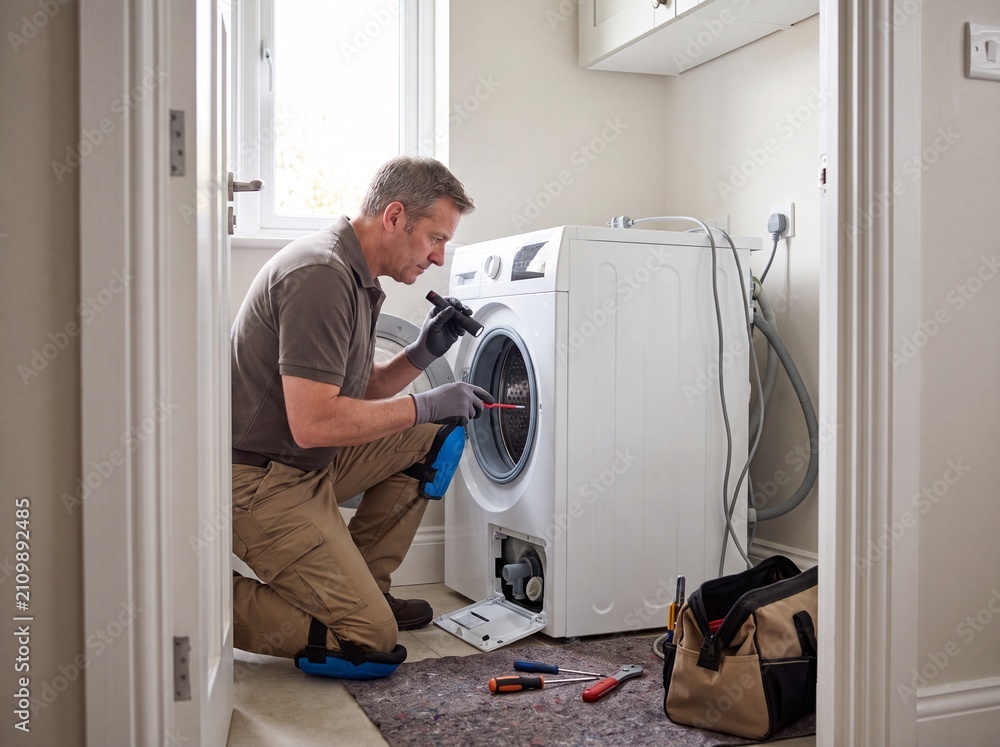 Obraz premium Male appliance technician fixing broken washing machine in laundry room, domestic repair service concept