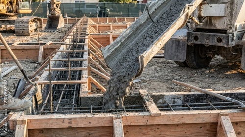 Cement Mixer Truck Pouring Fresh Concrete into Rebar-Reinforced Wooden Foundation Formwork at Construction Site