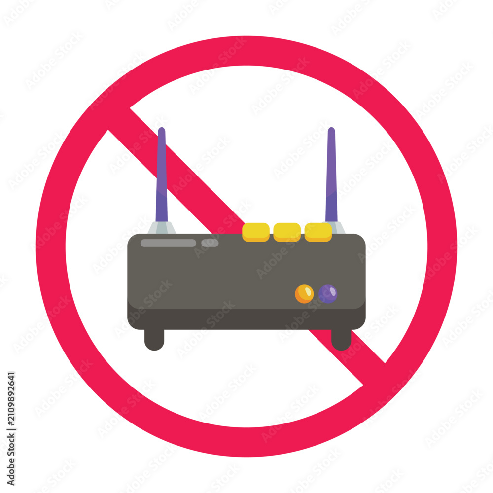 Obraz premium No wifi router sign, broadband router forbidden symbol, no internet router icon, wireless router restriction sign, wifi networking device prohibited symbol