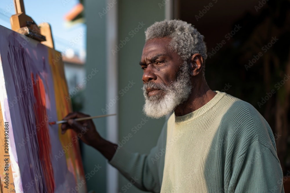 Obraz premium Side view senior man painting outdoors on canvas for natural light art background and pleinair workshop use