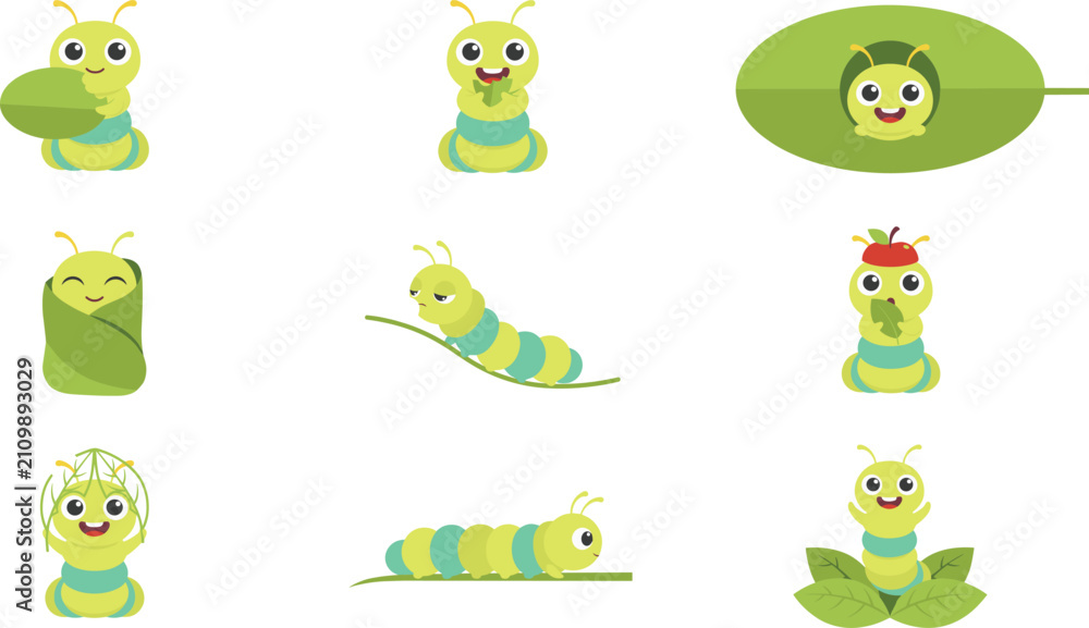 Fototapeta premium Cute Caterpillar Cartoon Character Vector Set with Various Poses and Expressions Showing Lifecycle Activities Like Hiding Eating and Sleeping for Kids Designs