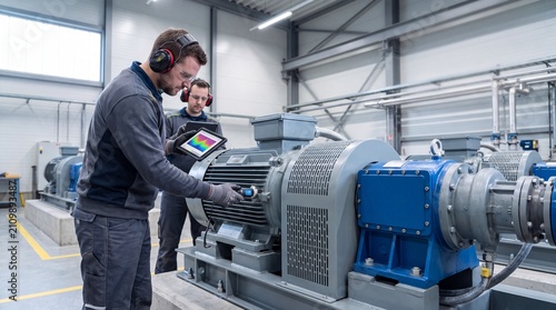 Two male engineers inspecting large electric motor in industrial factory, manufacturing maintenance