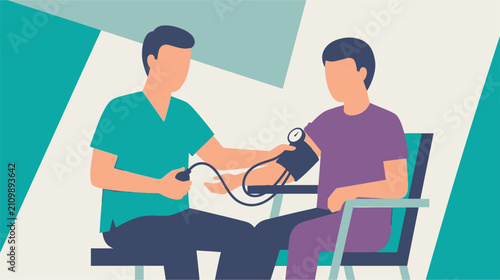 Professional vector illustration of a healthcare provider measuring a patient's blood pressure using a digital sphygmomanometer monitor and arm cuff in a clinical medical setting.