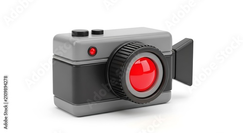 Small grey plastic toy camera with a big red lens