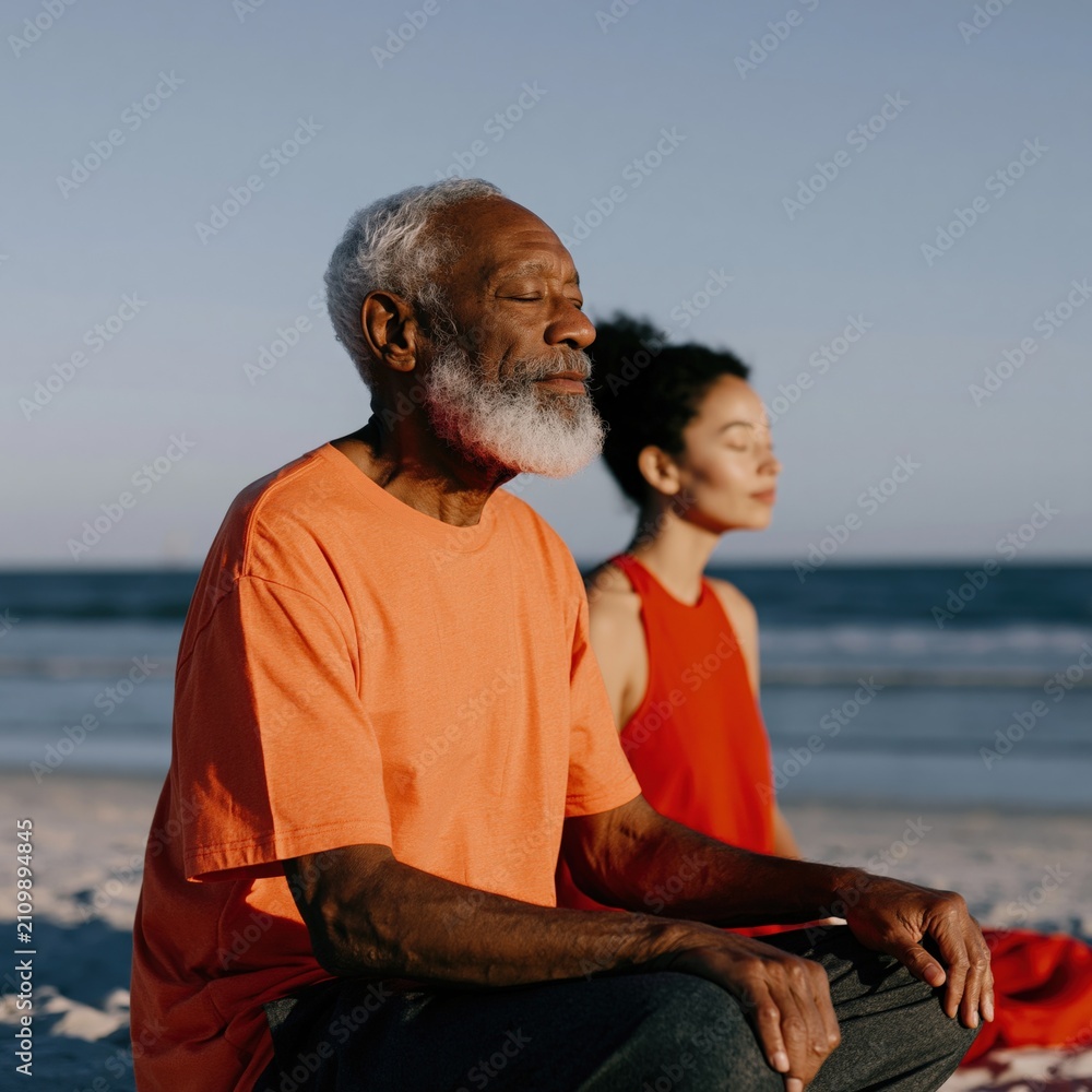 Fototapeta premium Older couple meditating on ocean beach at sunrise for mindfulness background and wellness banner design