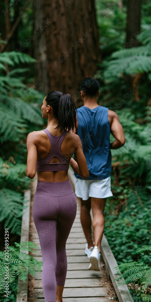 Fototapeta premium Couple jogging on a wooden boardwalk through a lush green forest trail for fitness wellness background and active lifestyle banner design