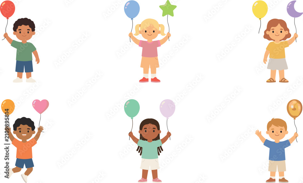 Naklejka premium Diverse Group of Happy Little Children Holding Colorful Balloons in Various Shapes for Birthday Party Flat Vector Illustration Set