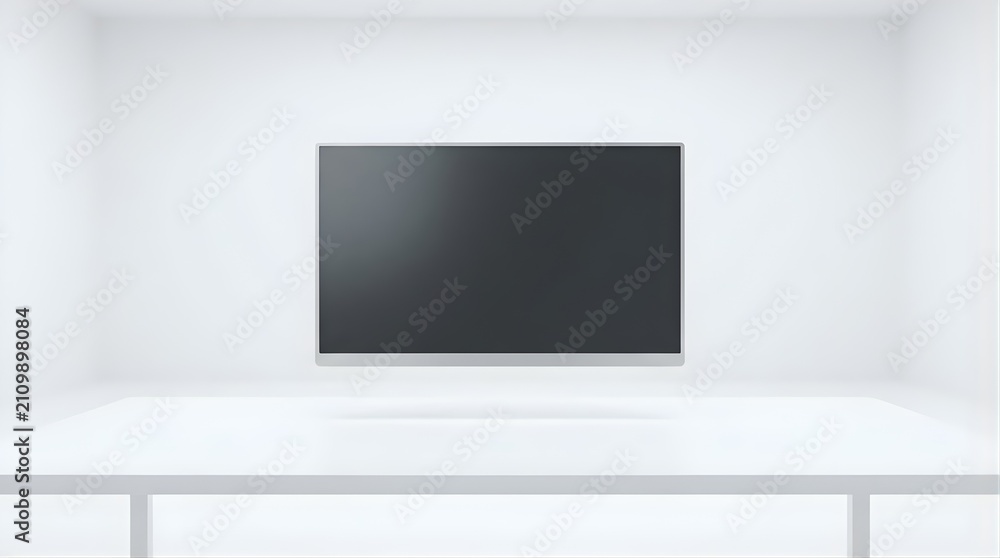 Fototapeta premium Blank digital screen floating in a minimalist bright white empty room