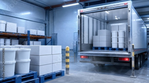 Loading boxes and containers into a truck at a storage facility in the early morning