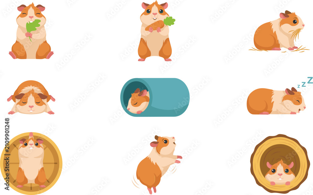Obraz premium Cute Hamster Character Sticker Sheet Set Showing Daily Activities Eating Food Sleeping in Tunnel Running on Wheel Flat Vector Illustration