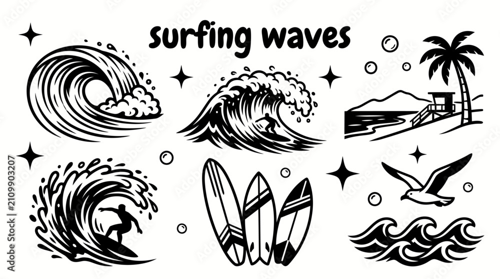 Fototapeta premium collection of surfing ocean waves featuring perfect barrels curling breakers sea foam surfboards coastal beaches and energetic water motion arranged as a premium commercial vector illustration set