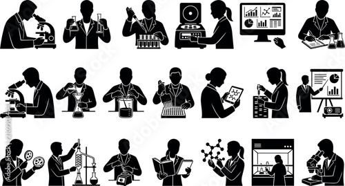 Photos Set of scientist icons featuring researchers conducting experiments in laborator