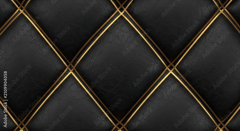 Obraz premium Luxury Black Tufted Upholstery with Gold Trim Diamond Pattern Background