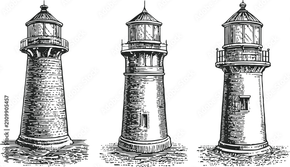 Obraz premium vintage lighthouse engravings classic nautical beacon tower sketches set