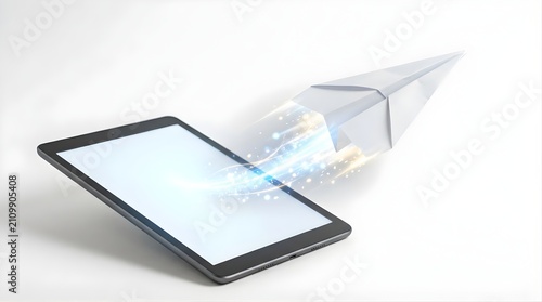 Paper airplane flying out of a digital tablet screen on white background