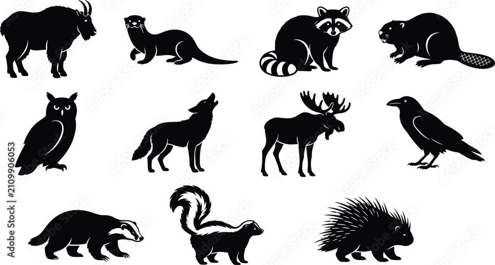 Obraz premium Wild Animal Silhouette Collection with Forest Mammals Birds and Woodland Wildlife Vector Set