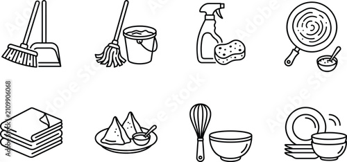Картината върху платно Black and white line art collection of household cleaning tools and kitchen uten