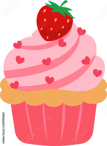 Delightful strawberry cupcake illustration featuring pink frosting, sweet hearts, and a fresh berry