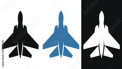 Foto Fighter jet silhouette icons featuring military aircraft, flying plane, combat aviation, air force, and black vector illustration