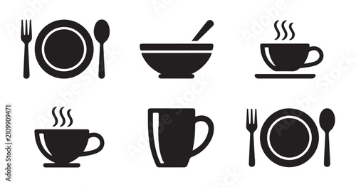 Quadro su tela Graphic icons representing kitchen utensils and warm beverages for food service and catering branding