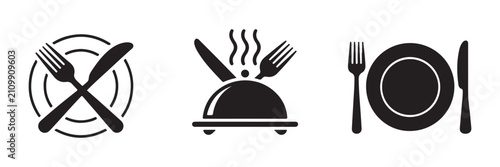 Konstfotografi Collection of restaurant dining icons featuring crossed cutlery plates and served food platter domes