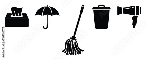 Set of everyday utility item icons for household and personal care applications
