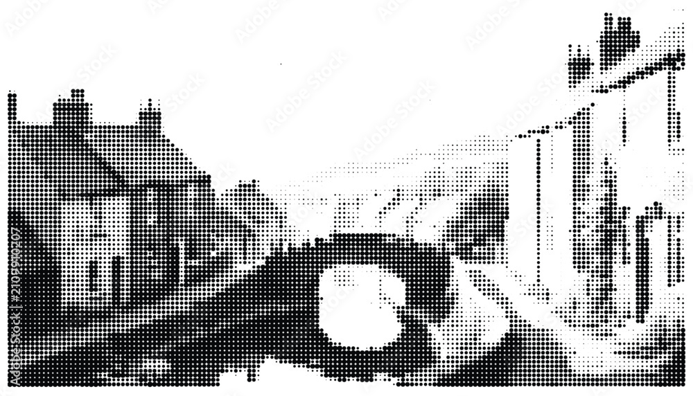 Fototapeta premium Old city skyline illustration with buildings and towers in black and white