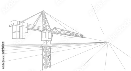 Fotografi Wireframe sketch of a construction tower crane in perspective.
