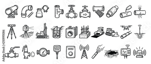 Set of various pipeline construction and utility maintenance vector icons