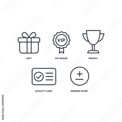 Loyalty reward line vector icon set. loyalty card, VIP badge, trophy, Gift, redeem point