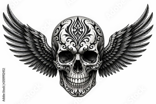 Calavera con alas y detalles tribales