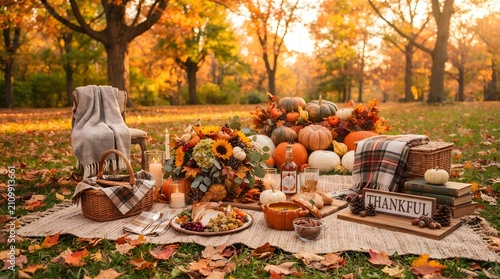 Autumn thanksgiving background festive picnic with pumpkins fall foliage