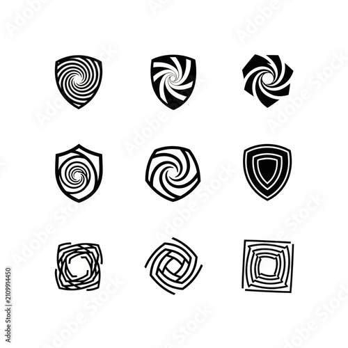 Abstract Swirl Shield Icons Set, Geometric Emblem Collection, Modern Design Elements