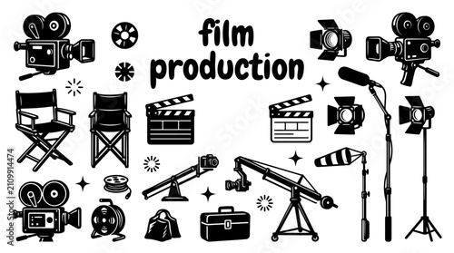 Canvas Print film production equipment featuring movie cameras director chairs clapperboards