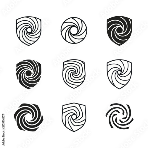 Abstract Swirl Shield Icons Set, Vortex Emblem Collection, Security Logo Design Elements