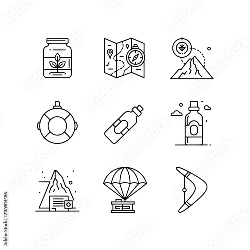 Adventure and Outdoor Icons: Travel, Camping, Hiking, and Survival Kit