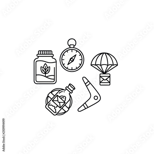 Adventure and Exploration Icons: Compass, Boomerang, Parachute, Message Bottle, Plant Jar