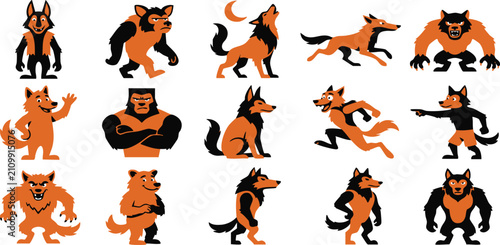 Schilderij op canvas Set of cartoon werewolf characters in various poses and expressions for animatio