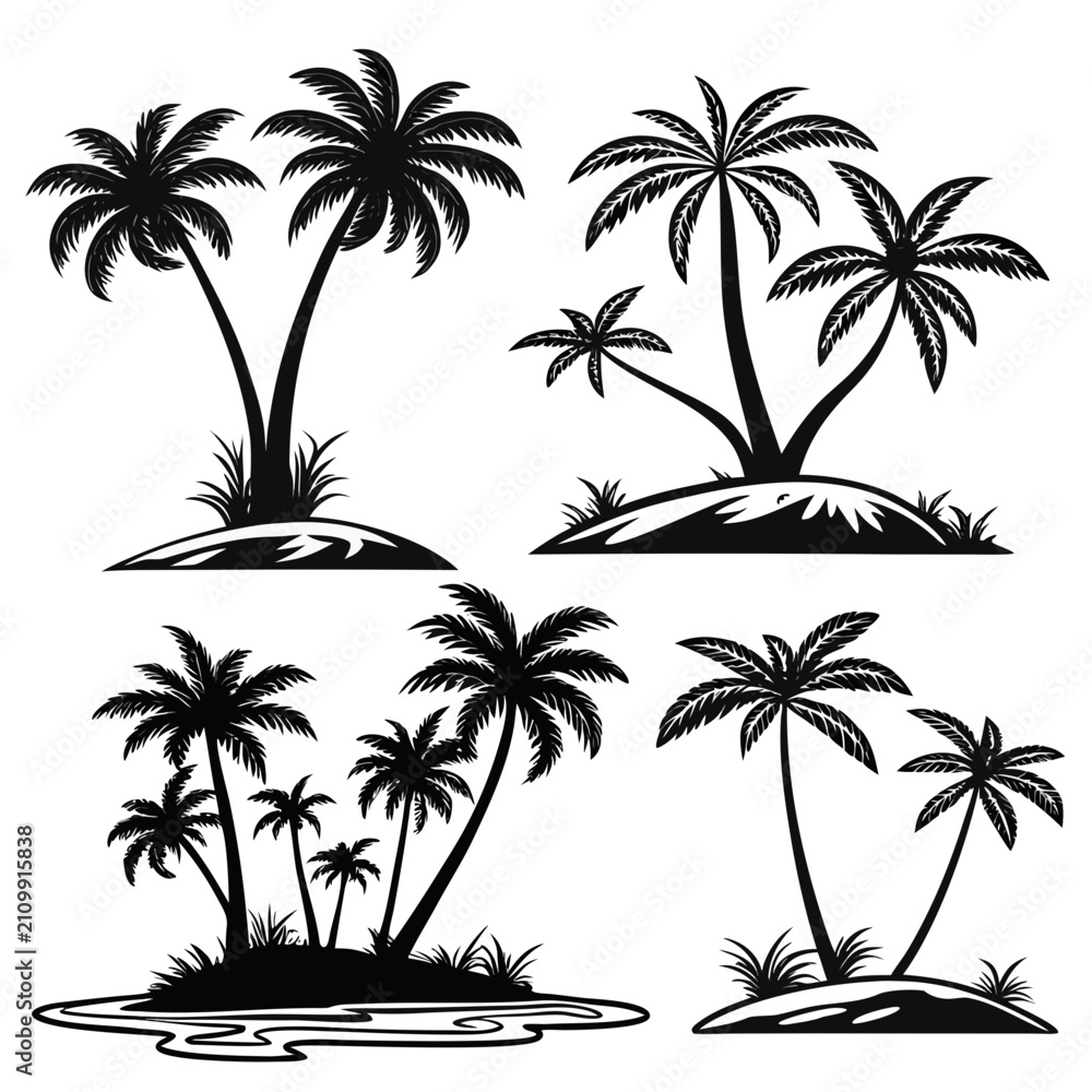 Naklejka premium Palm tree silhouette vector set isolated on white background for travel and vacation design elements tropical island beach landscape silhouettes collection for logo.