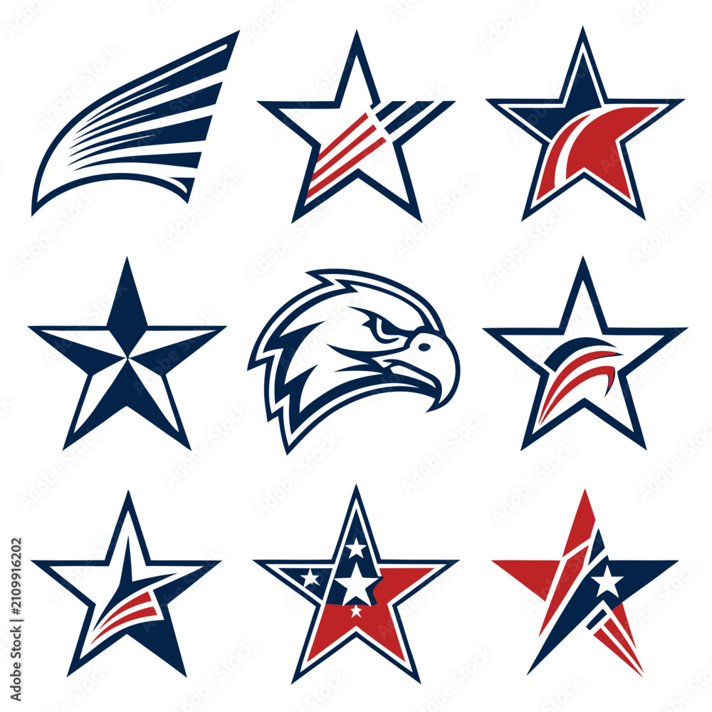 Fototapeta premium Set of american eagle and star graphic symbols featuring bold designs representing strength unity and national identity these are perfect for sports teams and organizations.