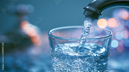 Fresh drinking water pouring into glass from modern kitchen faucet, crystal clear splash, clean hydration concept, healthy lifestyle, safe tap water, macro close up