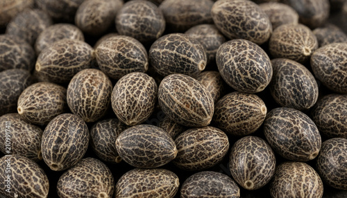 Bild auf Leinwand Macro close-up of dark brown hemp seeds with intricate light-colored vein patter